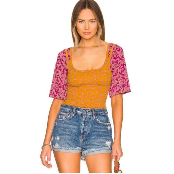 Free People Marigold top  in Golden combo size large - Picture 1 of 9